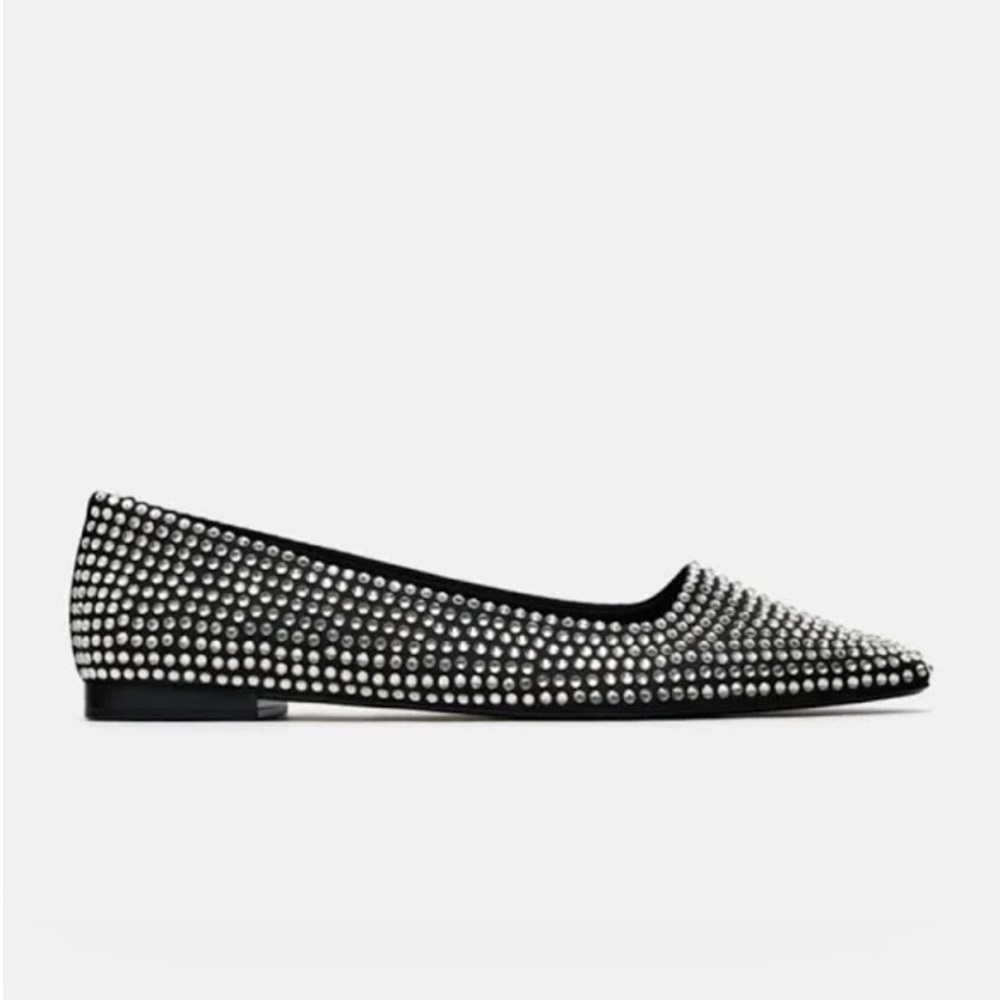 ZARA rhinestone embellished Black and Silver pointed Flats size 39 - Picture 4 of 14